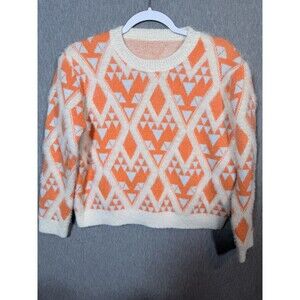 Knit Mix Women's Small S Fuzzy Geometric Diamond Pullover Sweater Orange Blue